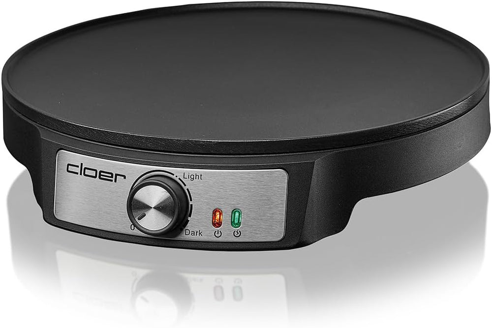 Cloer 6620 Crepe maker, for sweet or savory pancakes with a diameter of 29 cm, 1200 W, non-stick coating, with dough spreader and pancake turner, black