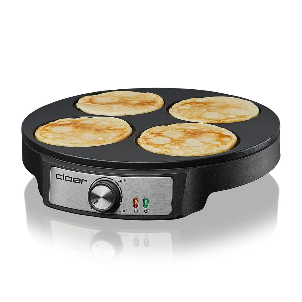 Cloer 6620 Crepe maker, for sweet or savory pancakes with a diameter of 29 cm, 1200 W, non-stick coating, with dough spreader and pancake turner, black