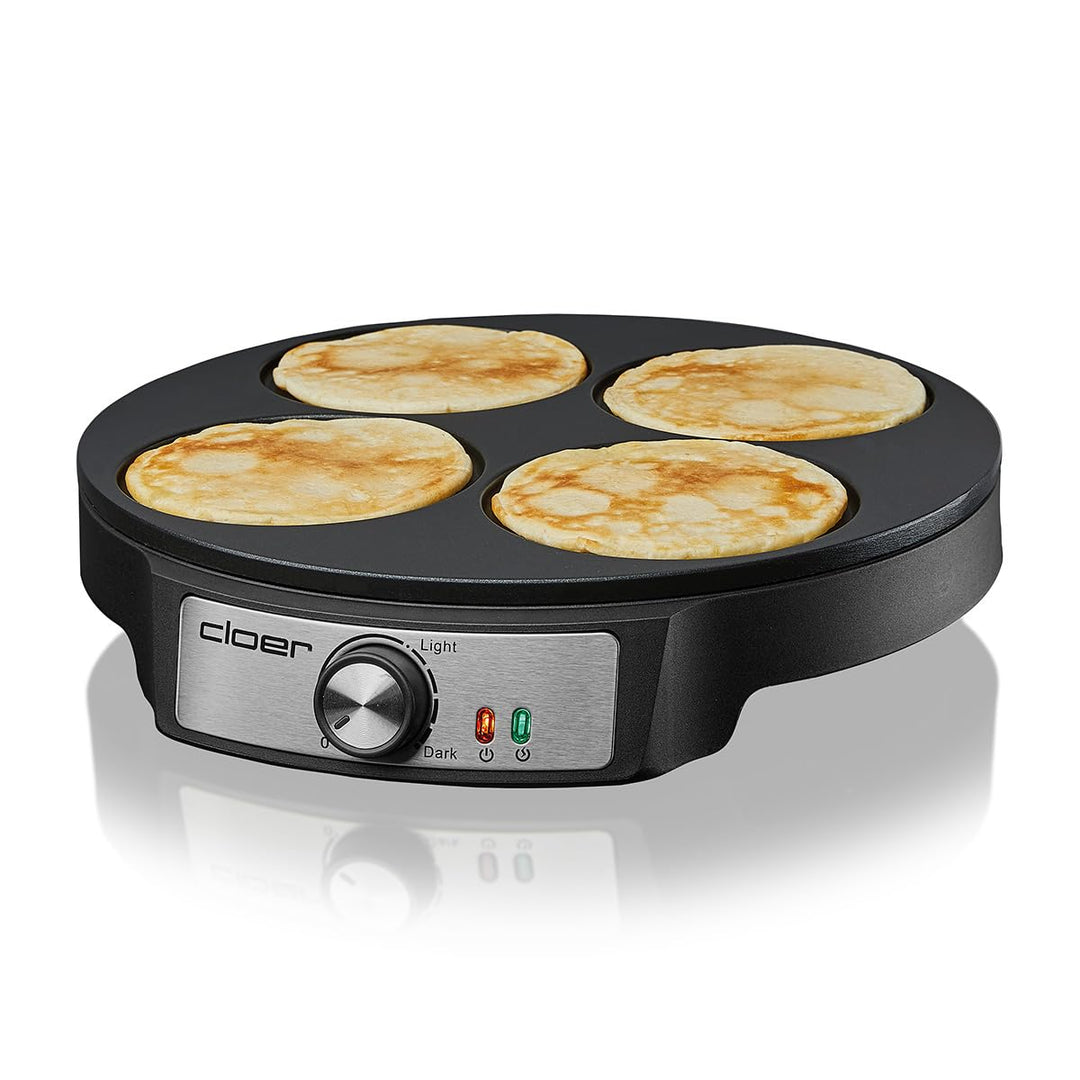 Cloer 6620 Crepe maker, for sweet or savory pancakes with a diameter of 29 cm, 1200 W, non-stick coating, with dough spreader and pancake turner, black