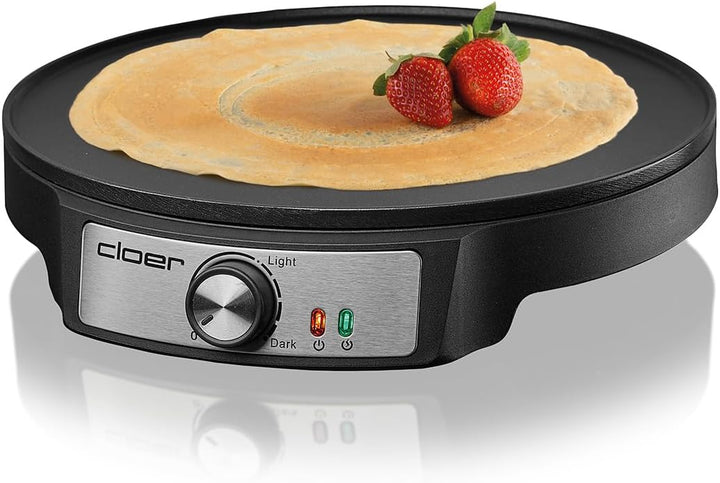 Cloer 6620 Crepe maker, for sweet or savory pancakes with a diameter of 29 cm, 1200 W, non-stick coating, with dough spreader and pancake turner, black