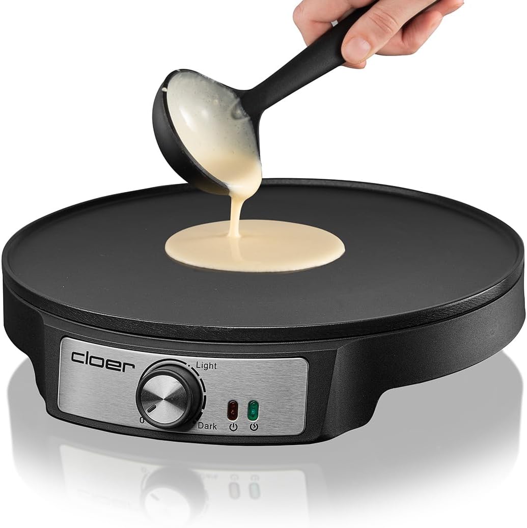 Cloer 6620 Crepe maker, for sweet or savory pancakes with a diameter of 29 cm, 1200 W, non-stick coating, with dough spreader and pancake turner, black