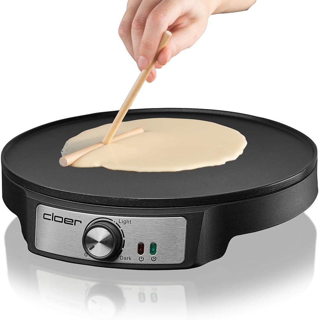 Cloer 6620 Crepe maker, for sweet or savory pancakes with a diameter of 29 cm, 1200 W, non-stick coating, with dough spreader and pancake turner, black