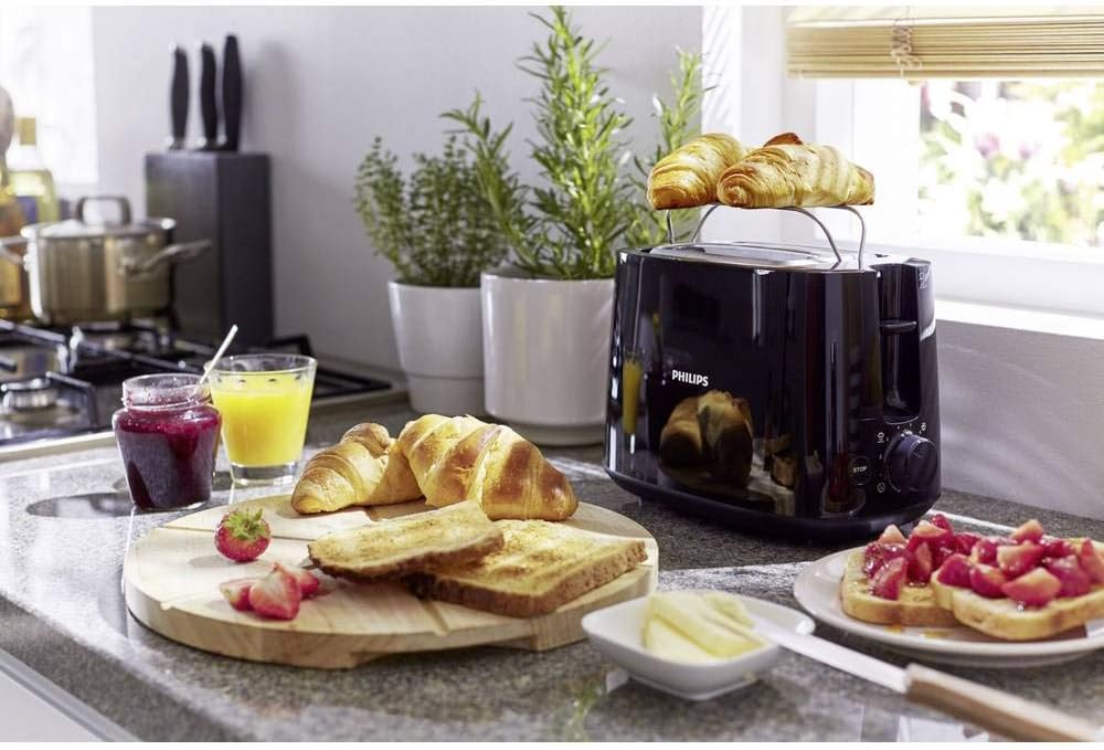 Philips Daily Toaster, 2 Wide Slots, 8 Settings, 830W, Black | Toaster with pastry warmer, Defrost & auto shut-off, Self-centering slots, easy maintenance (HD2581/90)