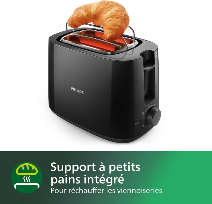 Philips Daily Toaster, 2 Wide Slots, 8 Settings, 830W, Black | Toaster with pastry warmer, Defrost & auto shut-off, Self-centering slots, easy maintenance (HD2581/90)