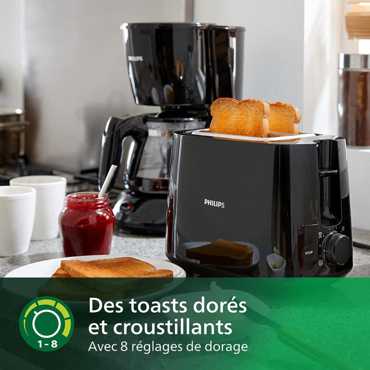 Philips Daily Toaster, 2 Wide Slots, 8 Settings, 830W, Black | Toaster with pastry warmer, Defrost & auto shut-off, Self-centering slots, easy maintenance (HD2581/90)