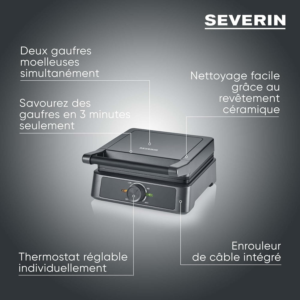 SEVERIN Waffle Maker 1600W, Non-stick Waffle Maker for Fluffy and Crispy Belgian Waffles, Compact Design PFAS-Free Waffle Machine, Black, WA 2130
