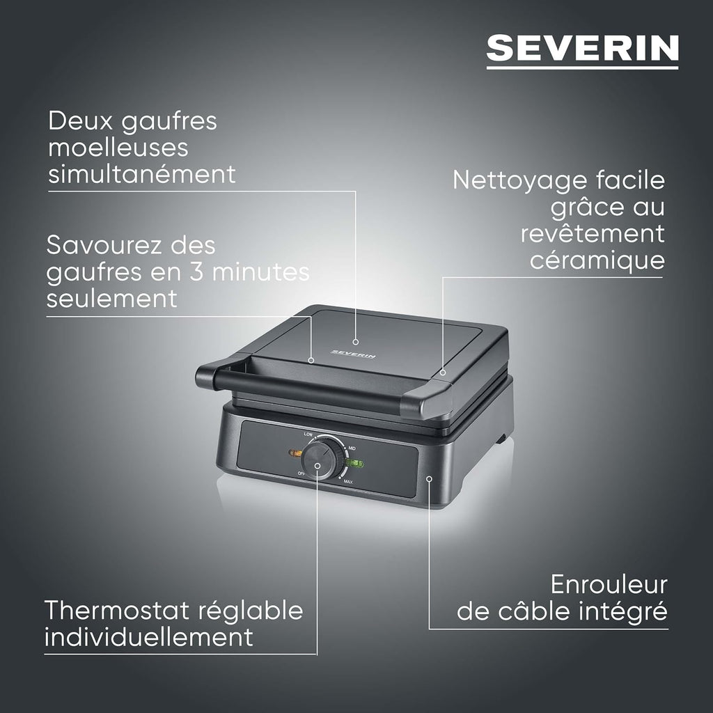 SEVERIN Waffle Maker 1600W, Non-stick Waffle Maker for Fluffy and Crispy Belgian Waffles, Compact Design PFAS-Free Waffle Machine, Black, WA 2130