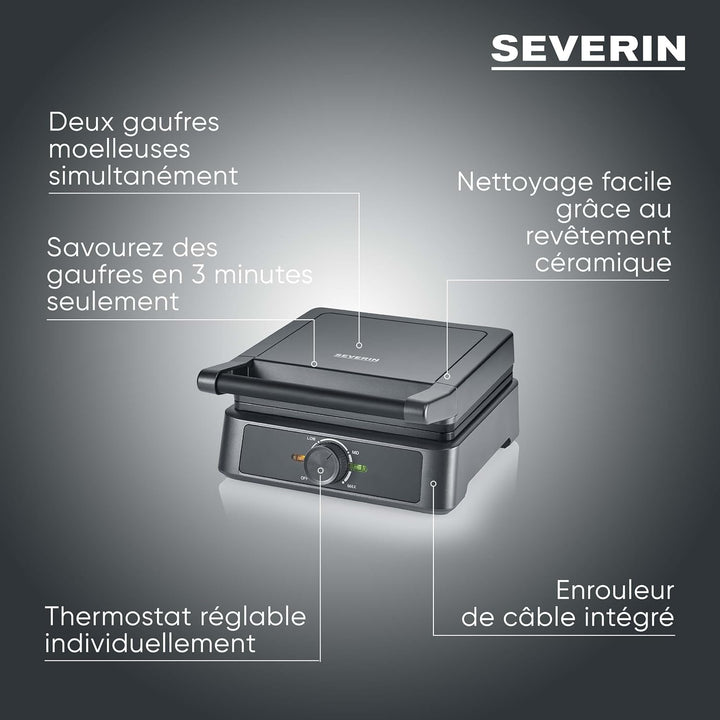 SEVERIN Waffle Maker 1600W, Non-stick Waffle Maker for Fluffy and Crispy Belgian Waffles, Compact Design PFAS-Free Waffle Machine, Black, WA 2130