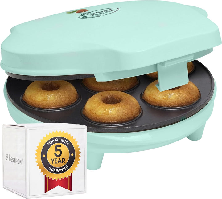 Bestron Retro Design Donut Maker, Mini Donut Maker for 7 Small Donuts, Includes Cooking Indicator & Non-Stick Coating, 700 Watts, Sweet Dreams Collection, Colour: Green