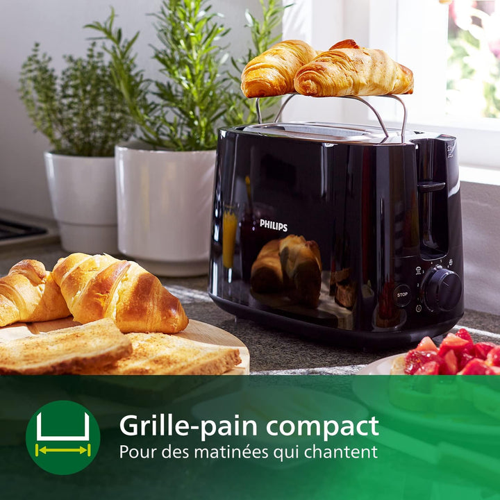Philips Daily Toaster, 2 Wide Slots, 8 Settings, 830W, Black | Toaster with pastry warmer, Defrost & auto shut-off, Self-centering slots, easy maintenance (HD2581/90)