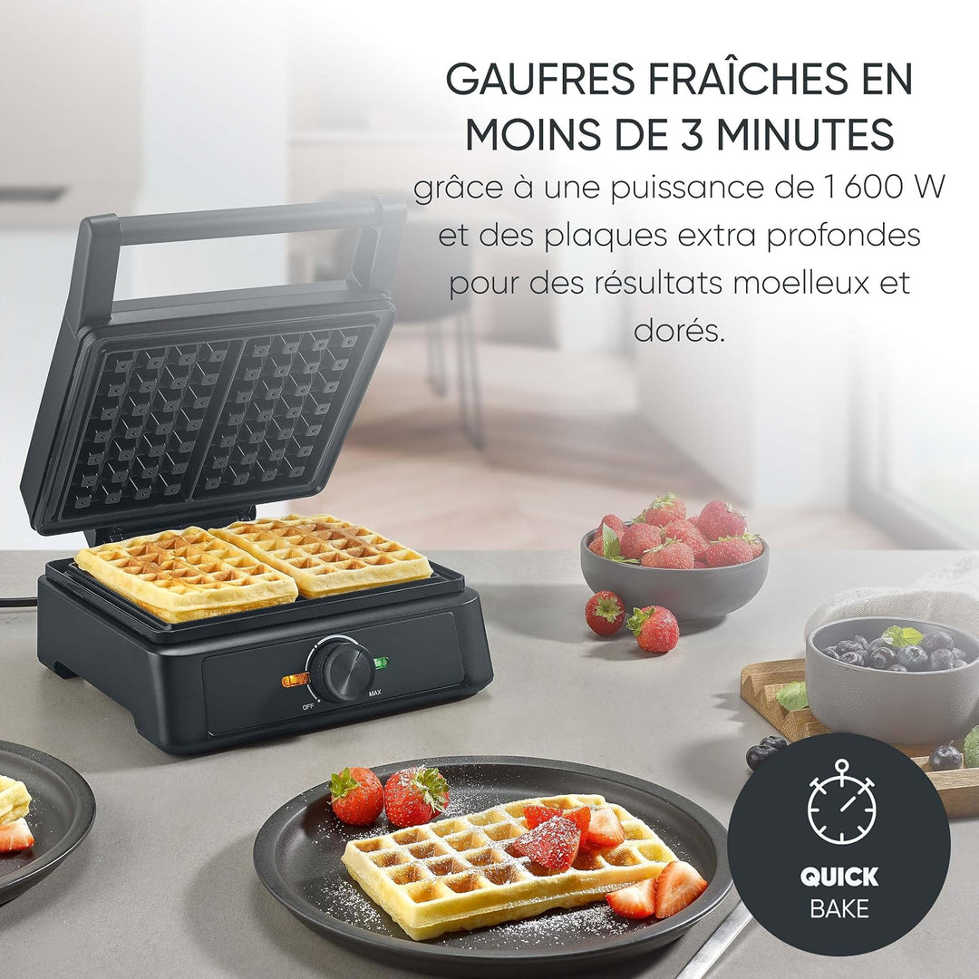 SEVERIN Waffle Maker 1600W, Non-stick Waffle Maker for Fluffy and Crispy Belgian Waffles, Compact Design PFAS-Free Waffle Machine, Black, WA 2130